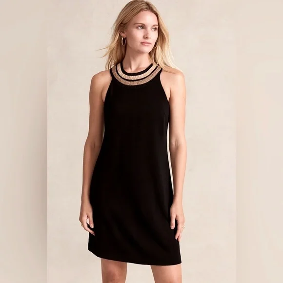 Ann Taylor Black Shift Dress with Metallic Braided Neckline – Size 8P - Picture 1 of 5